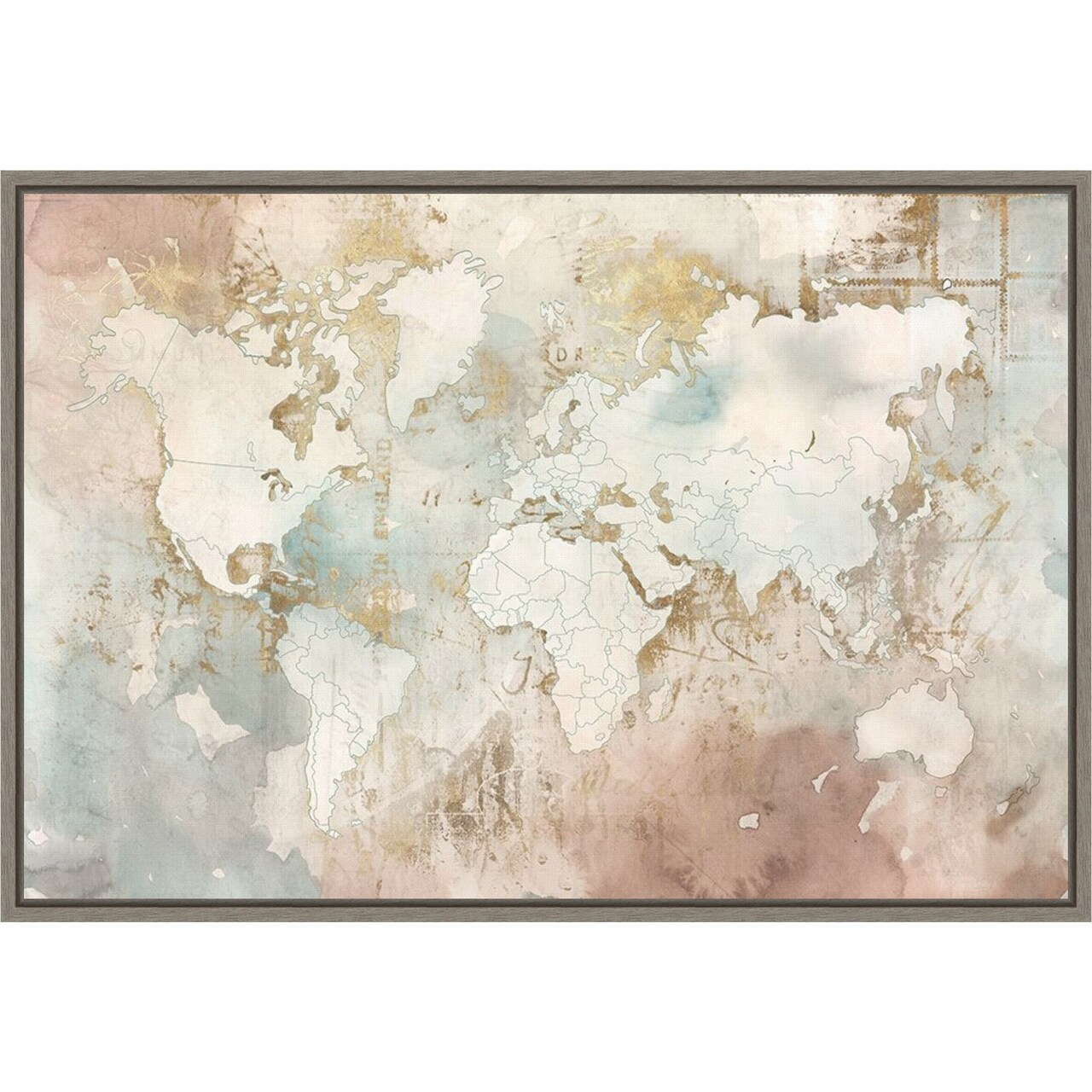 Blushing World Map by Roozbeh 23-in. W x 16-in. H. Canvas Wall Art Print Framed in Grey